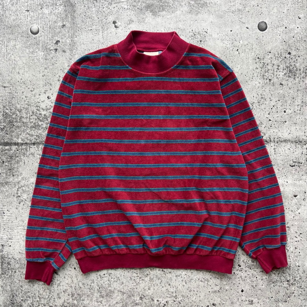 Vintage L.L. Bean Shirt Mens Small Red Striped Velour Mock Neck Long Sleeve 90s